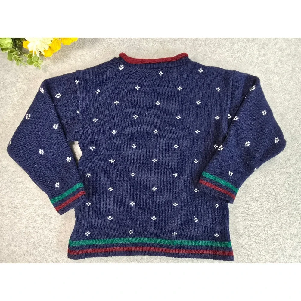 Vintage 90s Basic Editions Knit Sweater Kids 6/6X Navy Blue Teddy Bear Christmas
